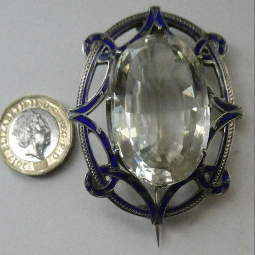 Antique Victorian Silver and Blue Enamel Brooch with Large Faceted Paste Stone