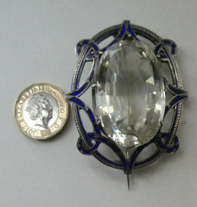 Antique Victorian Silver and Blue Enamel Brooch with Large Faceted Paste Stone