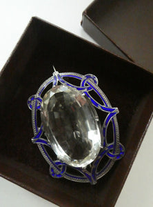 Antique Victorian Silver and Blue Enamel Brooch with Large Faceted Paste Stone