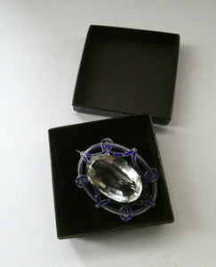 Antique Victorian Silver and Blue Enamel Brooch with Large Faceted Paste Stone