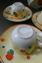 Load image into Gallery viewer, 1930s Hancock&#39;s Ivory Ware ART DECO Miniature or Cabinet Tea Set Embellished with Random Multi-Colour Dots
