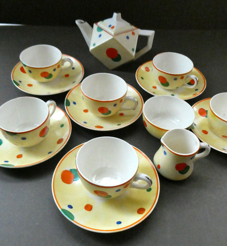 1930s Hancock's Ivory Ware ART DECO Miniature or Cabinet Tea Set Embellished with Random Multi-Colour Dots