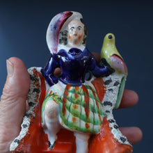 Load image into Gallery viewer, Antique STAFFORDSHIRE Figurine. Little Child in Kilt Standing on a Chair. A Pheasant Perching on Chair Back
