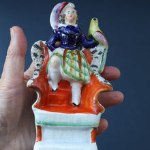 Load image into Gallery viewer, Antique STAFFORDSHIRE Figurine. Little Child in Kilt Standing on a Chair. A Pheasant Perching on Chair Back
