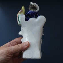 Load image into Gallery viewer, Antique STAFFORDSHIRE Figurine. Little Child in Kilt Standing on a Chair. A Pheasant Perching on Chair Back
