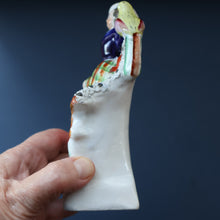 Load image into Gallery viewer, Antique STAFFORDSHIRE Figurine. Little Child in Kilt Standing on a Chair. A Pheasant Perching on Chair Back
