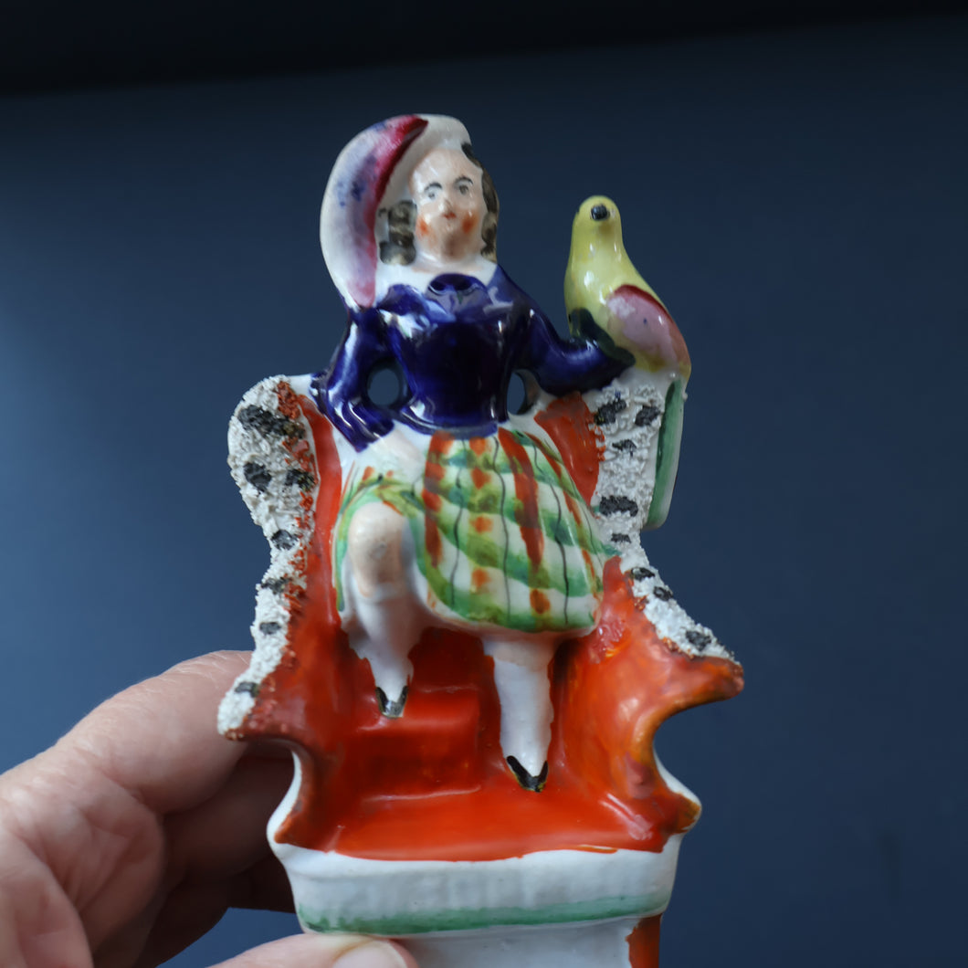 Antique STAFFORDSHIRE Figurine. Little Child in Kilt Standing on a Chair. A Pheasant Perching on Chair Back