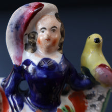 Load image into Gallery viewer, Antique STAFFORDSHIRE Figurine. Little Child in Kilt Standing on a Chair. A Pheasant Perching on Chair Back
