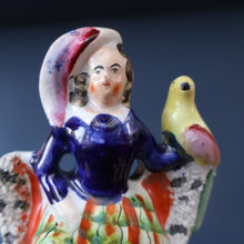 Load image into Gallery viewer, Antique STAFFORDSHIRE Figurine. Little Child in Kilt Standing on a Chair. A Pheasant Perching on Chair Back
