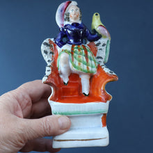 Load image into Gallery viewer, Antique STAFFORDSHIRE Figurine. Little Child in Kilt Standing on a Chair. A Pheasant Perching on Chair Back
