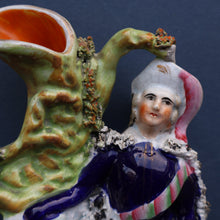 Load image into Gallery viewer, Rarer ANTIQUE Staffordshire Figurine / Spill Vase Featuring a Man and Woman with Dog Standing Beside a Tree
