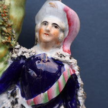 Load image into Gallery viewer, Rarer ANTIQUE Staffordshire Figurine / Spill Vase Featuring a Man and Woman with Dog Standing Beside a Tree
