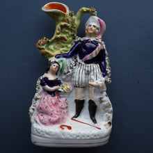 Load image into Gallery viewer, Rarer ANTIQUE Staffordshire Figurine / Spill Vase Featuring a Man and Woman with Dog Standing Beside a Tree
