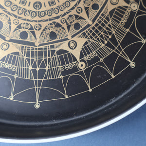 ROSENTHAL. Large 1960s Shallow Console Bowl with Matt Black Interior with Printed Gold Decoration by Hans Theo Baumann. 10 inch Diameter