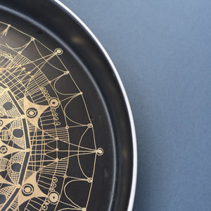 ROSENTHAL. Large 1960s Shallow Console Bowl with Matt Black Interior with Printed Gold Decoration by Hans Theo Baumann. 10 inch Diameter
