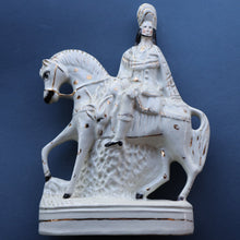 Load image into Gallery viewer, LARGE Antique Victorian STAFFORDSHIRE Figurine. Kilted Scotsman on Horseback. 14 1/2 inches height. Great Display Piece
