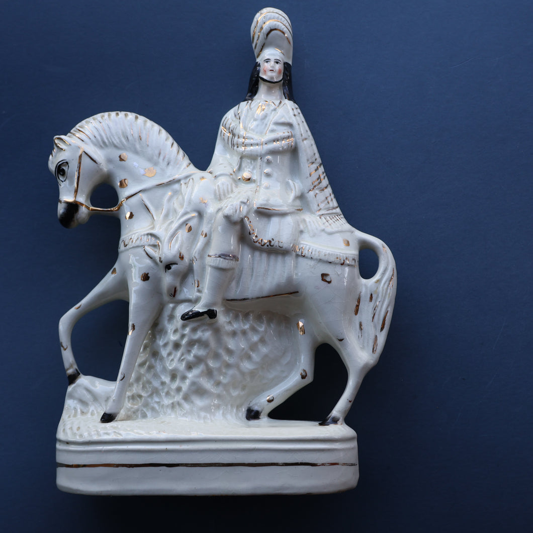 LARGE Antique Victorian STAFFORDSHIRE Figurine. Kilted Scotsman on Horseback. 14 1/2 inches height. Great Display Piece