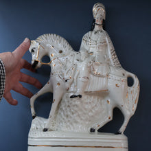 Load image into Gallery viewer, LARGE Antique Victorian STAFFORDSHIRE Figurine. Kilted Scotsman on Horseback. 14 1/2 inches height. Great Display Piece
