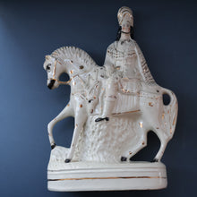 Load image into Gallery viewer, LARGE Antique Victorian STAFFORDSHIRE Figurine. Kilted Scotsman on Horseback. 14 1/2 inches height. Great Display Piece
