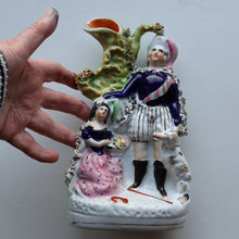 Load image into Gallery viewer, Rarer ANTIQUE Staffordshire Figurine / Spill Vase Featuring a Man and Woman with Dog Standing Beside a Tree
