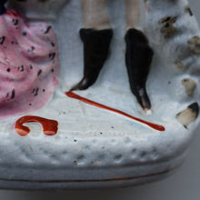 Load image into Gallery viewer, Rarer ANTIQUE Staffordshire Figurine / Spill Vase Featuring a Man and Woman with Dog Standing Beside a Tree
