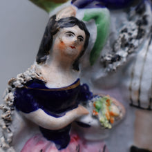 Load image into Gallery viewer, Rarer ANTIQUE Staffordshire Figurine / Spill Vase Featuring a Man and Woman with Dog Standing Beside a Tree
