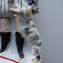 Load image into Gallery viewer, Rarer ANTIQUE Staffordshire Figurine / Spill Vase Featuring a Man and Woman with Dog Standing Beside a Tree
