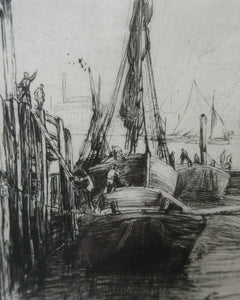 1920s Original Pencil Signed Limited Edition Etching "Thames Barges" by Aileen Mary Elliott