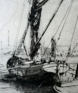 1920s Original Pencil Signed Limited Edition Etching "Thames Barges" by Aileen Mary Elliott