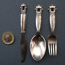 Load image into Gallery viewer, Vintage 1960s GEORG JENSEN Solid Silver Child&#39;s Cutlery Set (Small Spoon, Knife and Fork). ACORN PATTERN
