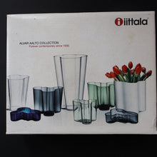 Load image into Gallery viewer, 1980s Finnish Shallow White Glass Savoy Vase. Designer Alvar Aalto for Iittala, Finland. Original Box
