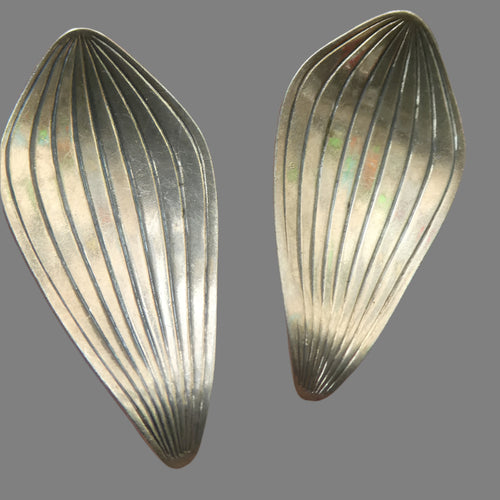 1950s DANISH SILVER Leaf Pattern Clip-On Earrings. Designed by Eigil Jensen for Anton Michelsen 