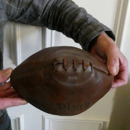 Vintage Thick Brown Leather Miniature Lace-Up RUGBY BALL. Inscribed Match