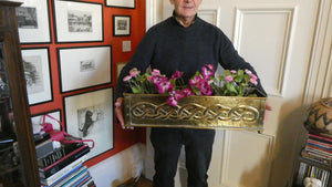 EXCEPTIONALLY LONG. Antique CELTIC REVIVAL Brass Planter with Repousse Knotword Pattern & Ball Feet