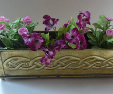 Load image into Gallery viewer, EXCEPTIONALLY LONG. Antique CELTIC REVIVAL Brass Planter with Repousse Knotword Pattern &amp; Ball Feet

