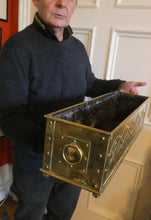 Load image into Gallery viewer, EXCEPTIONALLY LONG. Antique CELTIC REVIVAL Brass Planter with Repousse Knotword Pattern &amp; Ball Feet
