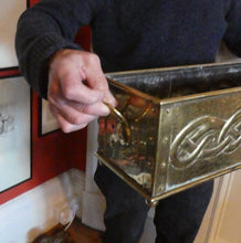 Load image into Gallery viewer, EXCEPTIONALLY LONG. Antique CELTIC REVIVAL Brass Planter with Repousse Knotword Pattern &amp; Ball Feet
