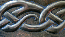 Load image into Gallery viewer, EXCEPTIONALLY LONG. Antique CELTIC REVIVAL Brass Planter with Repousse Knotword Pattern &amp; Ball Feet
