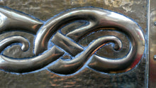 Load image into Gallery viewer, EXCEPTIONALLY LONG. Antique CELTIC REVIVAL Brass Planter with Repousse Knotword Pattern &amp; Ball Feet
