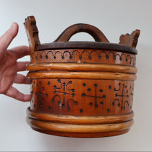 Load image into Gallery viewer, 19th Century. Antique Carved Norwegian Pine Lidded Groat Porridge Pot; c 1860
