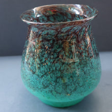 Load image into Gallery viewer, SCOTTISH GLASS. MONART Glass Vase. Bulbous Vase with Rim Shape RA. Plain Mottled Dark Aqua Green Glass. 4 3/4 inches high
