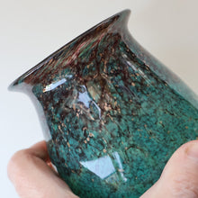 Load image into Gallery viewer, SCOTTISH GLASS. MONART Glass Vase. Bulbous Vase with Rim Shape RA. Plain Mottled Dark Aqua Green Glass. 4 3/4 inches high
