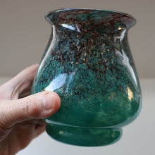 Load image into Gallery viewer, SCOTTISH GLASS. MONART Glass Vase. Bulbous Vase with Rim Shape RA. Plain Mottled Dark Aqua Green Glass. 4 3/4 inches high
