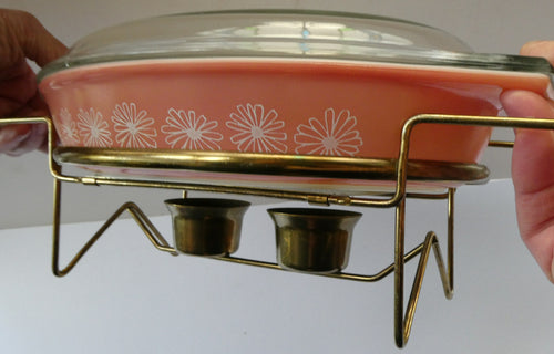 Pyrex Casserole Dish and Stand Pink Daisy 1950s Original Box