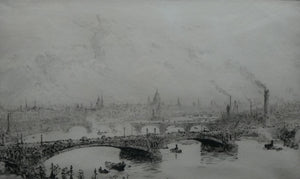ORIGINAL ETCHING: William Lionel Wyllie (1851 – 1931)  IMAGINARY W.L. BRIDGE with St Paul's in the Distance