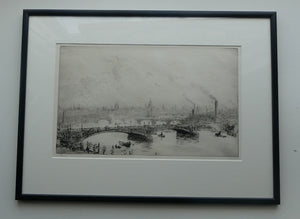 ORIGINAL ETCHING: William Lionel Wyllie (1851 – 1931)  IMAGINARY W.L. BRIDGE with St Paul's in the Distance