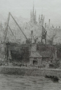 ORIGINAL ETCHING: William Lionel Wyllie (1851 – 1931) LEITH HARBOUR, Edinburgh. Pencil Signed
