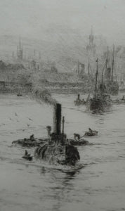 ORIGINAL ETCHING: William Lionel Wyllie (1851 – 1931) LEITH HARBOUR, Edinburgh. Pencil Signed