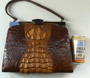 Vintage 1930s ART DECO Hornback Crocodile with Brass Enamel Metal Frame and Fancy Brass Clasp