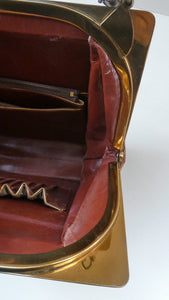 Vintage 1930s ART DECO Hornback Crocodile with Brass Enamel Metal Frame and Fancy Brass Clasp